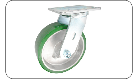 Green Polyurethane on aluminum plate casters - rust resistant, light weight, floor protective, non marking, nsf certified, dual bonded tread