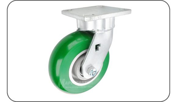 Green & Silver Polyurethane on Aluminum Caster Plate Casters, Heavy Duty Ball Bearing - 1,500 lbs