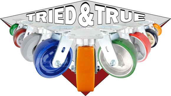 Polyurethane Plate Casters with capacities up to 2,000 lbs, avaialble in many colors & Cores