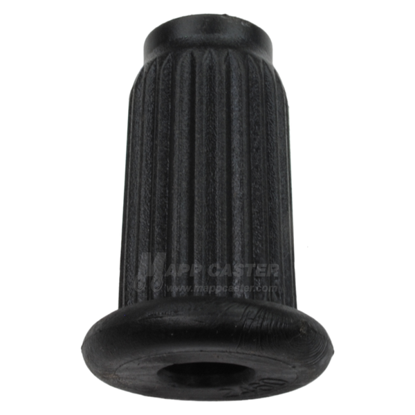 A black plastic socket designed to be pressed into tubing for attaching casters to furniture legs.