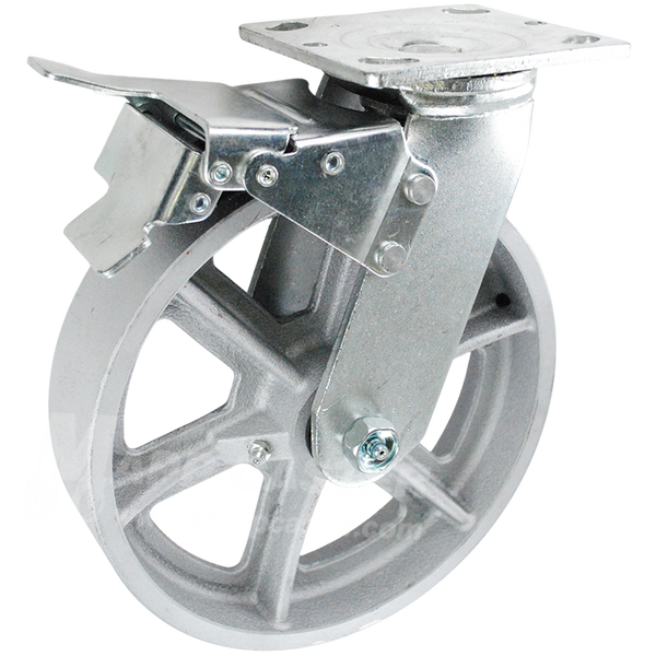 8" x 2" Cast Iron Wheel Swivel Caster with Total Locking Brake - 1,250 Lbs Capacity