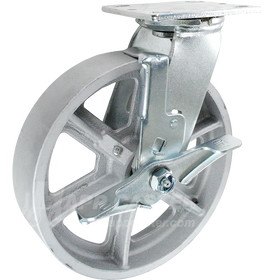 8" x 2" Cast Iron Wheel Swivel Brake Caster - 1,250 Lbs Capacity