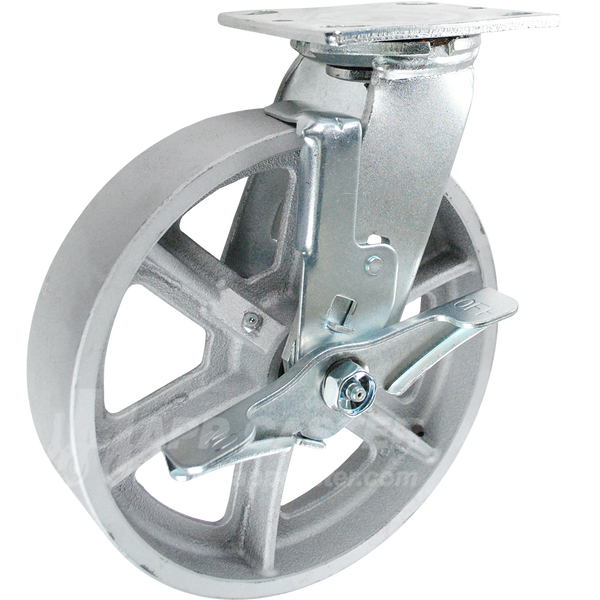 8" x 2" Cast Iron Wheel Swivel Brake Caster - 1,250 Lbs Capacity