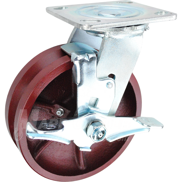 146DVRB620SB 6" x 2" Ductile Steel V-Groove Wheel Swivel Brake Caster - 1250 Lbs Capacity