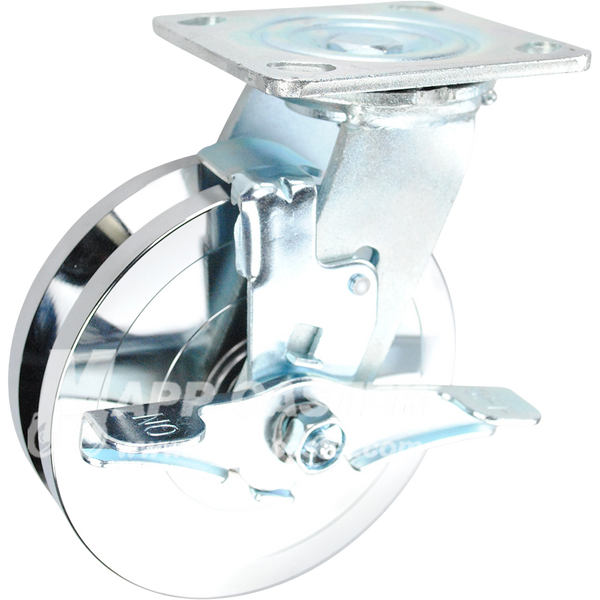 146FVG620B 6" x 1-3/4" Forged Steel V-Groove Wheel Swivel Brake Caster - 1250 Lbs Capacity