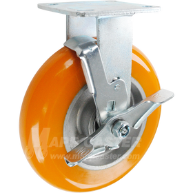 8" x 2" Orange Poly on Aluminum Wheel Rigid Brake Caster - 1,200 Lbs Capacity