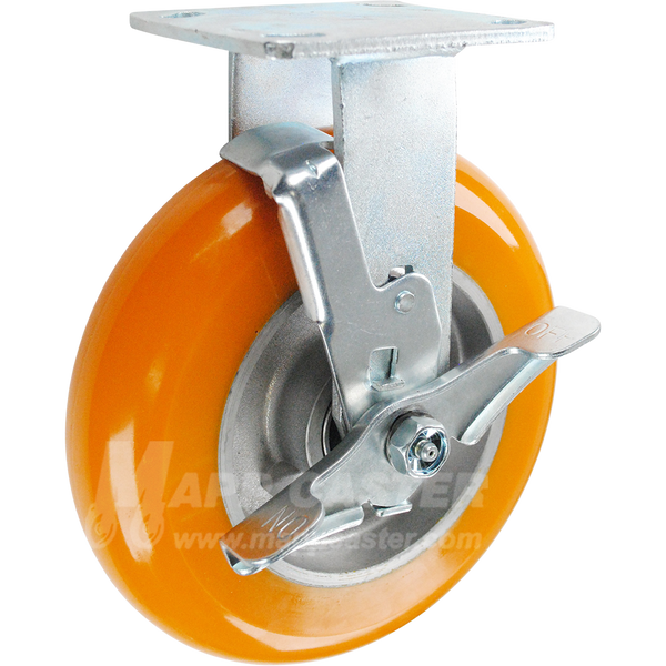 8" x 2" Orange Poly on Aluminum Wheel Rigid Brake Caster - 1,200 Lbs Capacity