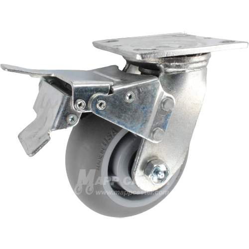 5" x 2" Crowned Grey Thermoplastic Rubber (TPR) Wheel Swivel Caster with Total Locking Brake - 350 Lbs Capacity