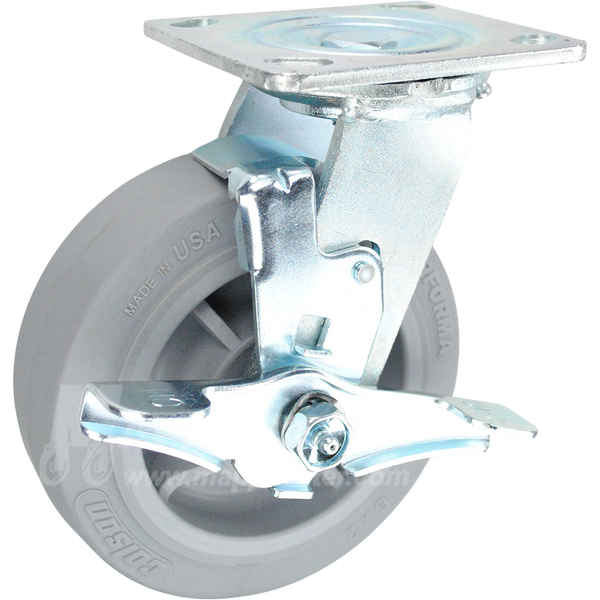 146PERG620SB 6" x 2" Grey Thermoplastic Rubber (TPR) Wheel Swivel Brake Caster- 600 Lbs Capacity 