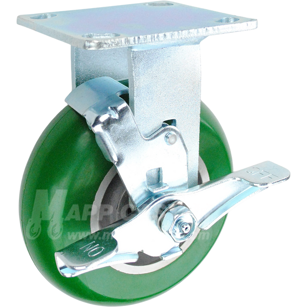 146PPM620RB 6" x 2" Green Poly on Aluminum Wheel Rigid Brake Caster - 1,250 Lbs Capacity