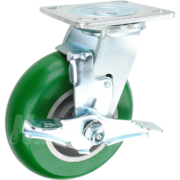 146PPM620SB 6" x 2" Green Poly on Aluminum Wheel Swivel Brake Caster - 1,250 Lbs Capacity
