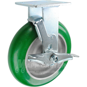 146PPM820RB 8" x 2" Green Crowned Poly on Aluminum Wheel Rigid Brake Caster - 1,250 Lbs Capacity