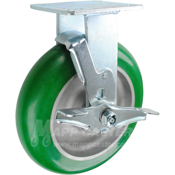 146PPM820RB 8" x 2" Green Crowned Poly on Aluminum Wheel Rigid Brake Caster - 1,250 Lbs Capacity