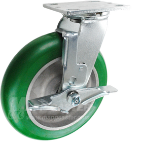146PPM820SB 8" x 2" Green Crowned Poly on Aluminum Wheel Swivel Brake Caster - 1,250 Lbs Capacity