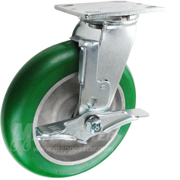 146PPM820SB 8" x 2" Green Crowned Poly on Aluminum Wheel Swivel Brake Caster - 1,250 Lbs Capacity