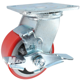 4" x 2" Red Polyurethane on Iron Wheel Swivel Brake Caster - 800 Lbs Capacity