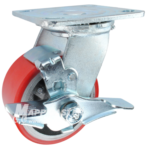 4" x 2" Red Polyurethane on Iron Wheel Swivel Brake Caster - 800 Lbs Capacity