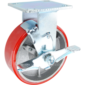146PURB620RB 6" x 2" Red Polyurethane on Iron Wheel Rigid Brake Caster - 1,200 Lbs Capacity