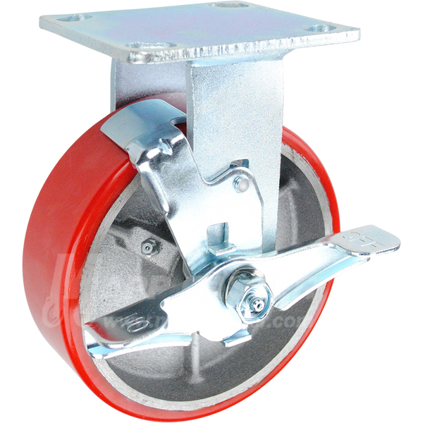 146PURB620RB 6" x 2" Red Polyurethane on Iron Wheel Rigid Brake Caster - 1,200 Lbs Capacity