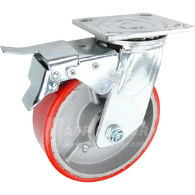 A red polyurethane on iron wheel swivel caster with a total locking brake and a bright zinc plated mounting plate.