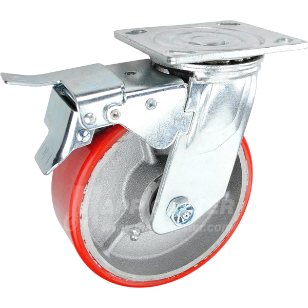 A red polyurethane on iron wheel swivel caster with a total locking brake and a bright zinc plated mounting plate.