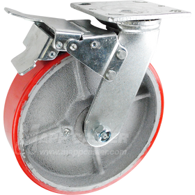 146PURB820SBTL 8" x 2" Red Poly on Iron Wheel Swivel Caster with Total Locking Brake - 1,250 Lbs Capacity