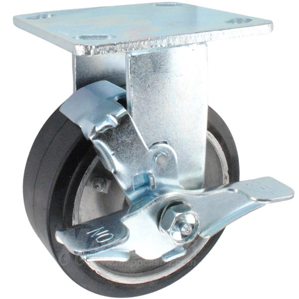 5" x 2" Rubber on Aluminum Wheel Rigid Brake Caster - 500 Lbs Capacity