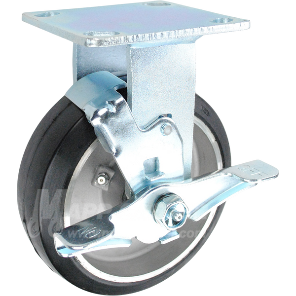 6" x 2" Rubber on Aluminum Wheel Rigid Brake Caster - 550 Lbs Capacity