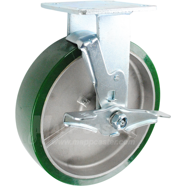 146UARB820RB 8" x 2" Green Polyurethane on Aluminum Wheel Rigid Brake Caster - 1200 Lbs Capacity