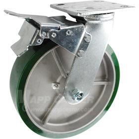 8" x 2" Green Polyurethane on Aluminum Wheel Swivel Caster with Total Locking Brake - 1,500 Lbs Capacity