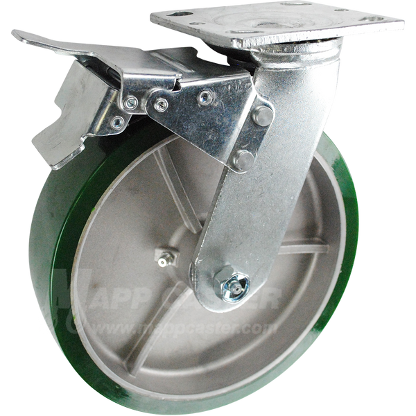 8" x 2" Green Polyurethane on Aluminum Wheel Swivel Caster with Total Locking Brake - 1,500 Lbs Capacity