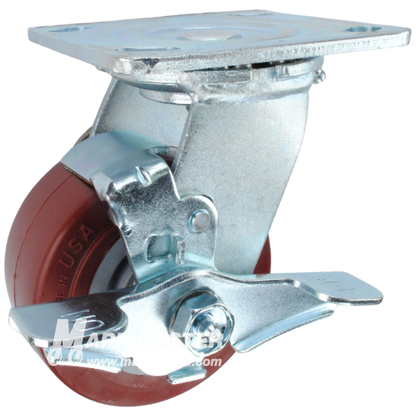 4" x 2" Polyurethane Wheel Swivel Brake Caster - 600 Lbs Capacity