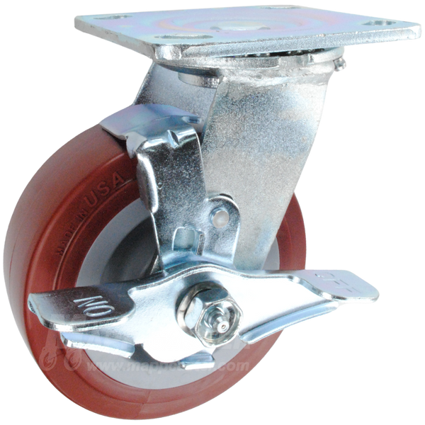 5" x 2" Polyurethane on Polyolefin Wheel Swivel Brake Caster - 750 Lbs Capacity