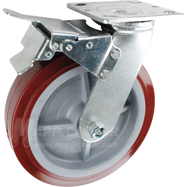 146UPRB820SBTL 8" x 2" Polyurethane Wheel Swivel Caster with Total Locking Brake - 1,000 Lbs Capacity