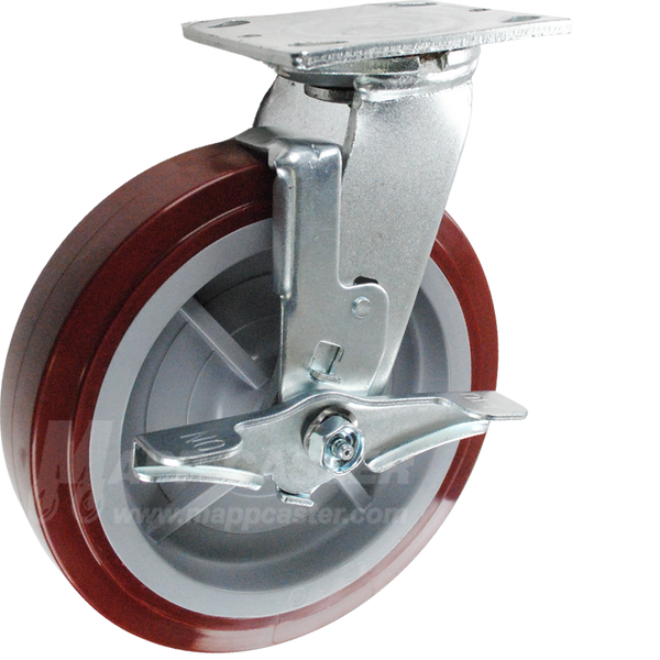 146UPRB820SB 8" x 2" Polyurethane Wheel Swivel Brake Caster - 1,000 Lbs Capacity