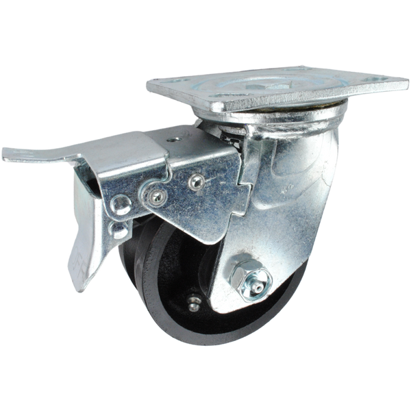 4" x 2" Cast lron V-Groove Wheel Swivel Caster with Total Locking Brake - 600 Lbs Capacity