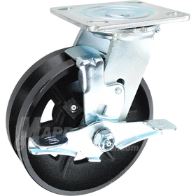146VIRB620SB 6" x 2" Cast Iron V-Groove Wheel Swivel Brake Caster - 1000 Lbs Capacity