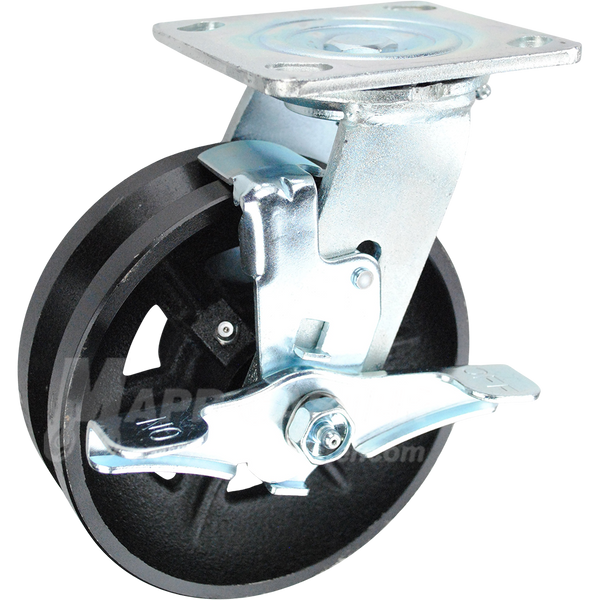146VIRB620SB 6" x 2" Cast Iron V-Groove Wheel Swivel Brake Caster - 1000 Lbs Capacity