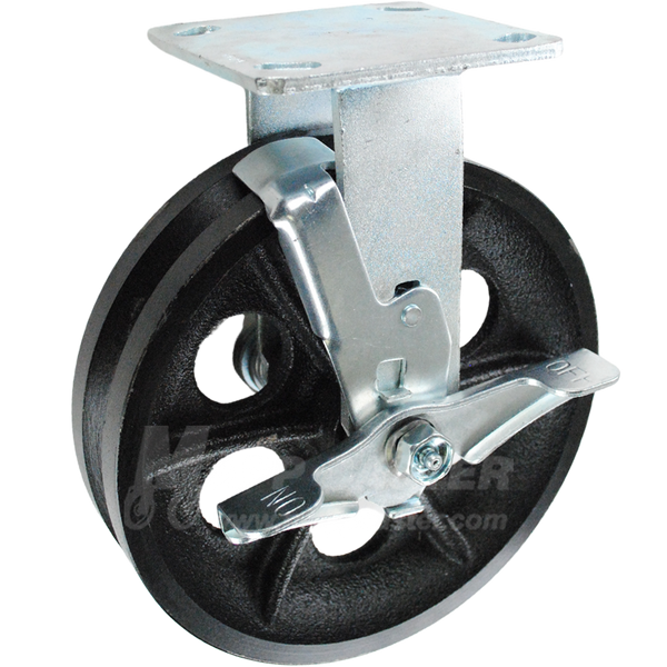 146VIRB820RB 8" x 2" Cast Iron V-Groove Wheel Rigid Brake Caster - 1000 Lbs Capacity