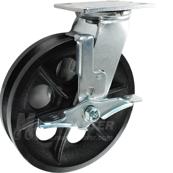 146VIRB820SB 8" x 2" Cast Iron V-Groove Wheel Swivel Brake Caster - 1000 Lbs Capacity