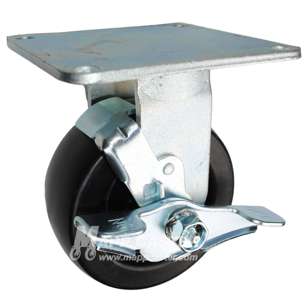 5" x 2" Heavy Duty Plastic Wheel Rigid Brake Caster with 5" x 5-1/2" Top Plate - 500 Lbs Capacity