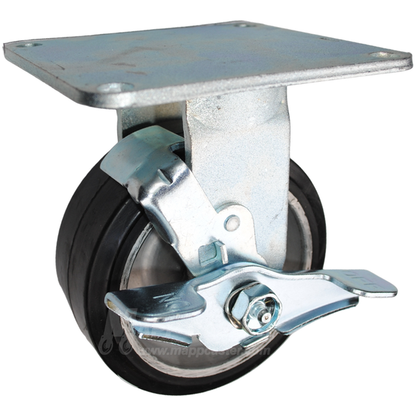 5" x 2" Rubber on Aluminum Wheel Rigid Brake Caster with 5" x 5-1/2" Top Plate - 500 Lbs Capacity