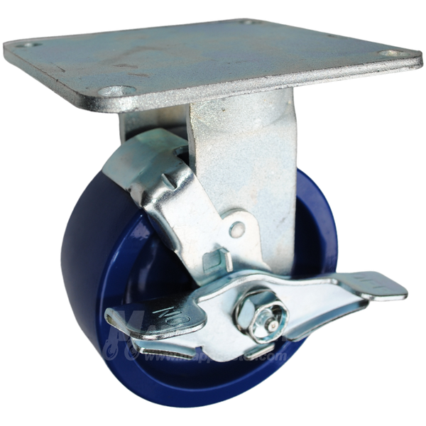5" x 2" Solid Polyurethane Wheel Rigid Brake Caster with 5" x 5-1/2" Top Plate - 800 Lbs Capacity
