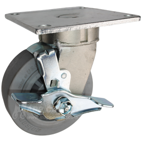 5" x 2" Grey Thermoplastic Rubber Wheel Swivel Brake Caster with 5" x 5-1/2" Top Plate - 500 Lbs Capacity