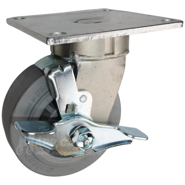 5" x 2" Grey Thermoplastic Rubber Wheel Swivel Brake Caster with 5" x 5-1/2" Top Plate - 500 Lbs Capacity