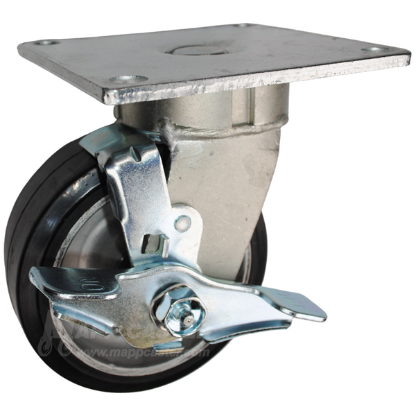 5" x 2" Rubber on Aluminum Wheel Swivel Brake Caster with 5" x 5-1/2" Top Plate - 500 Lbs Capacity