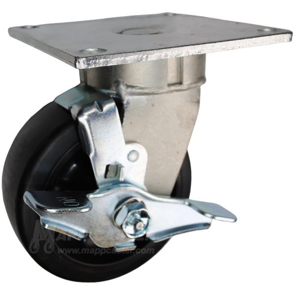 5" x 2" Rubber on Nylon Wheel Swivel Brake Caster with 5" x 5-1/2" Top Plate - 500 Lbs Capacity