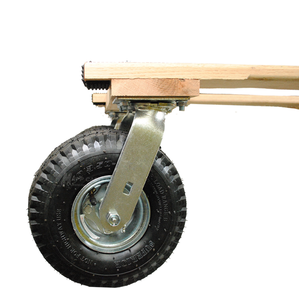 28" x 50" Premium Solid Oak Wooden Dolly for Hot Tub / HVAC with 10" TPR Pneumatic Wheels - Part# B2436H-10AIR side view air wheel