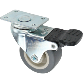 Swivel caster with a pedal style brake, a 2 inch grey thermoplastic rubber wheel and O1 Plate (1-1/4 x 2-1/16)