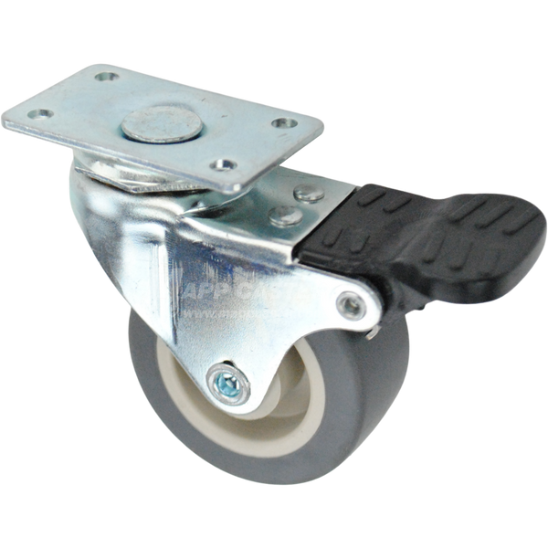 Swivel caster with a pedal style brake, a 2 inch grey thermoplastic rubber wheel and O1 Plate (1-1/4 x 2-1/16)